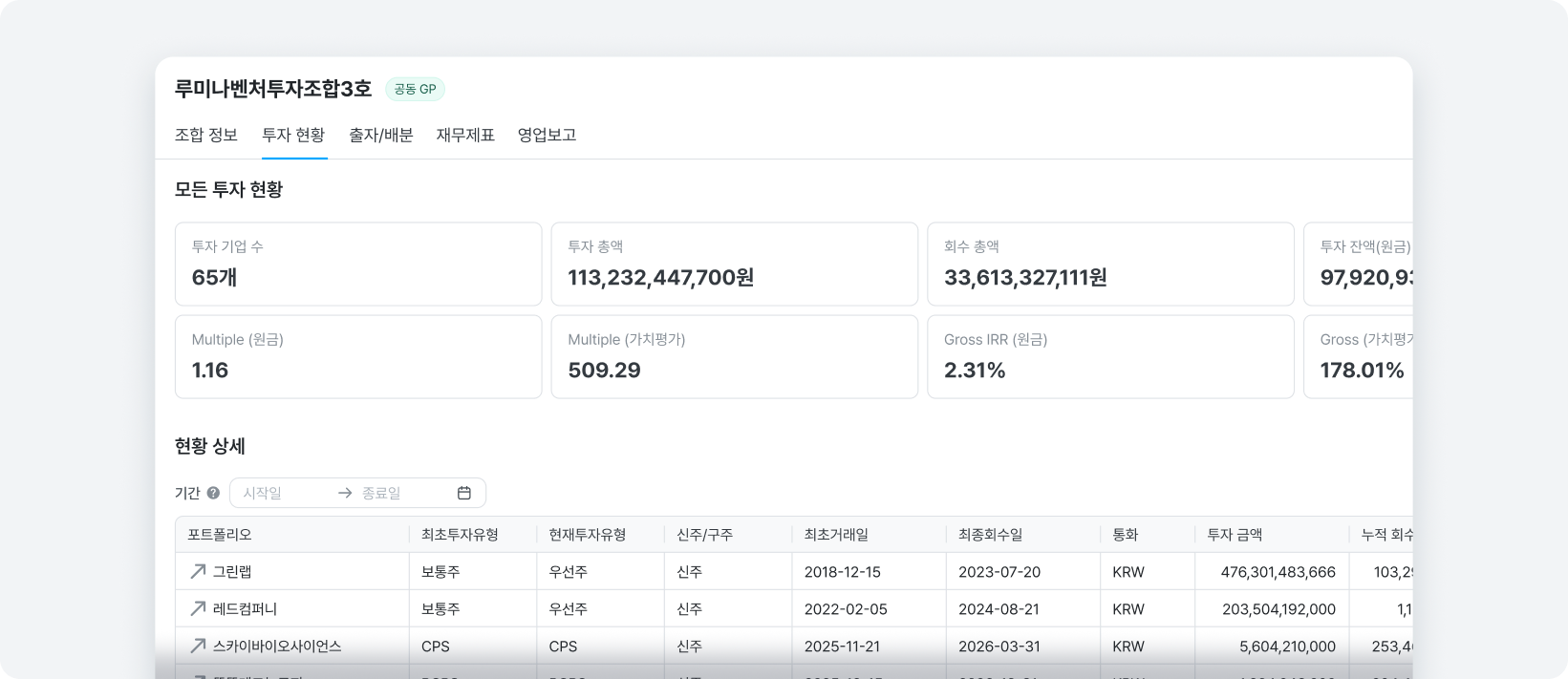 조합의 주요 정보를 한 화면에서